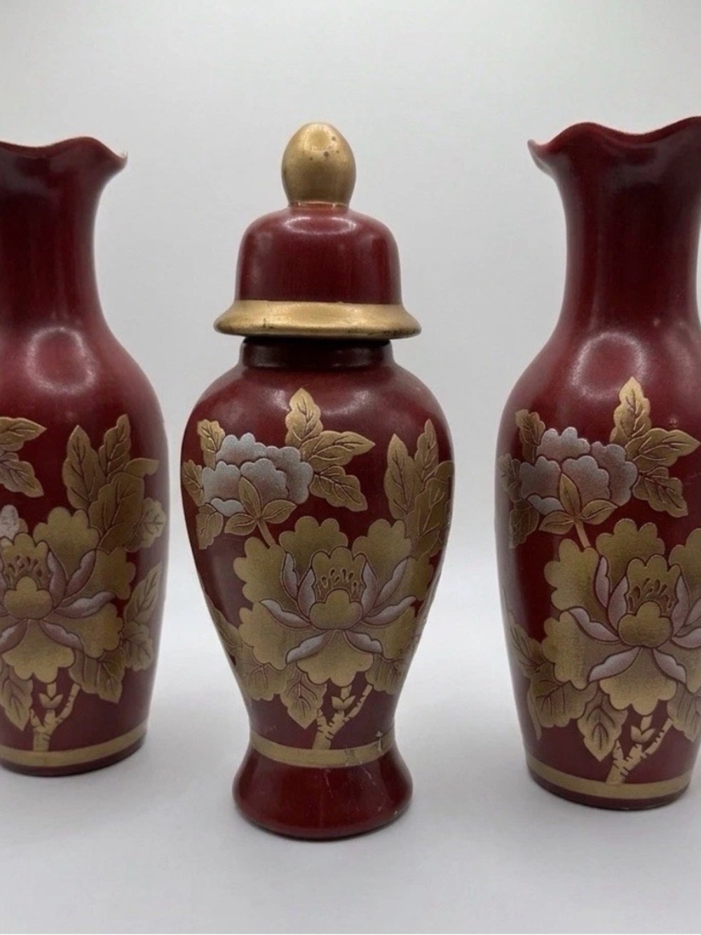 Vintage Matte Red & Gold Chinoiserie 3pc Garniture Set Vases & Ginger Jar